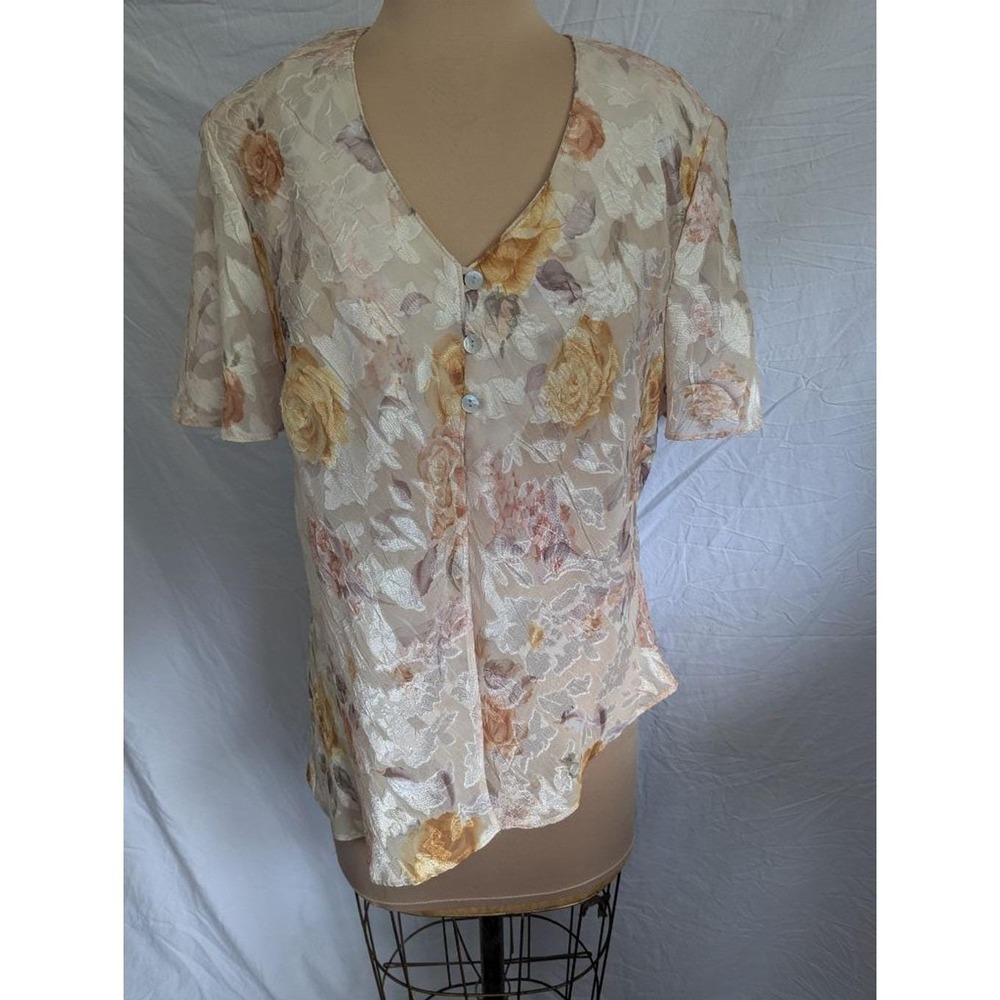 Vtg Floral Burn Out Blouse V-Neck Asymmetrical Hem Butter Yellow Ethereal Fairy